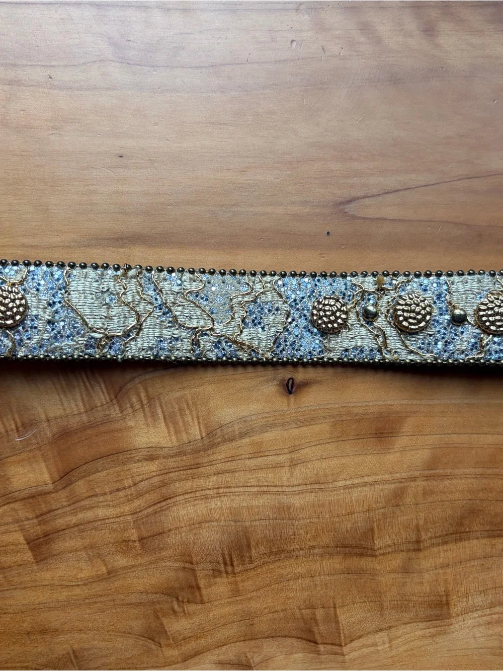 Embellished Metallic Floral Leather Belt - Gold/Brown
